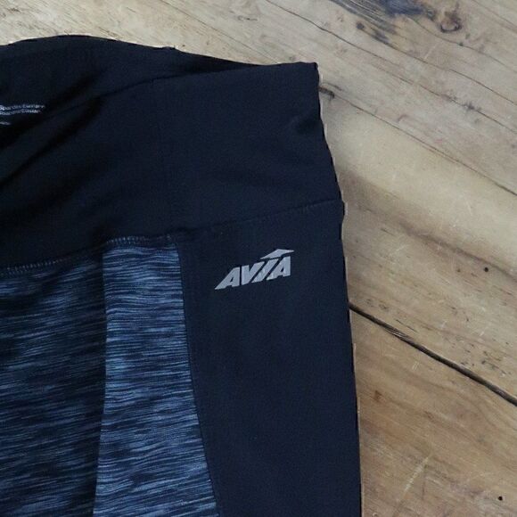 AVIA BLACK GREY HEATHER STRIPED FULL LENGTH GYM LEGGINGS WITH BACK TWIST POCKET - Picture 4 of 9